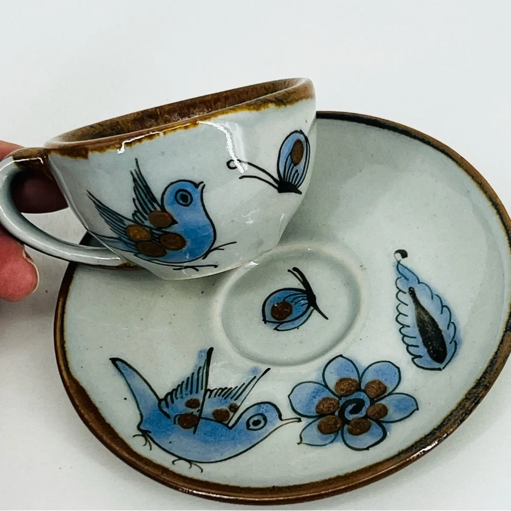 Vintage Ken Edwards Tonala Pottery Cup & Saucer Set El Palomar Blue Bird Signed - Picture 5 of 14